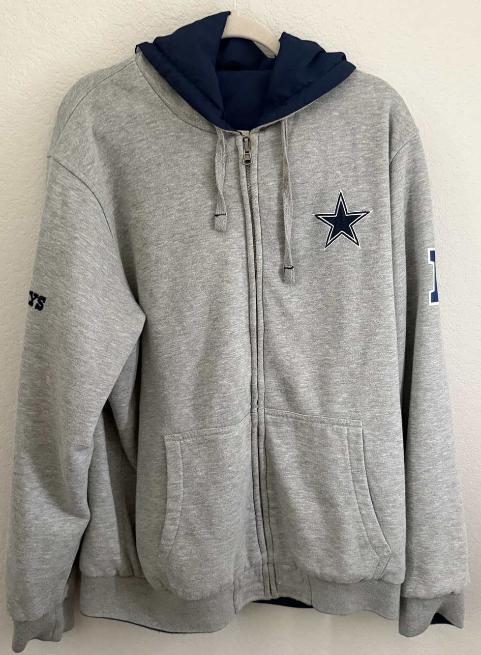 Dallas Cowboys Boys Reversible Hooded Jacket Gray Navy NFL Logo Full Zip - L XL